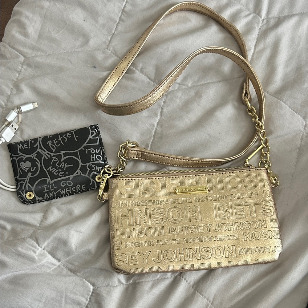 Betsey Johnson Metallic Gold Logo Crossbody